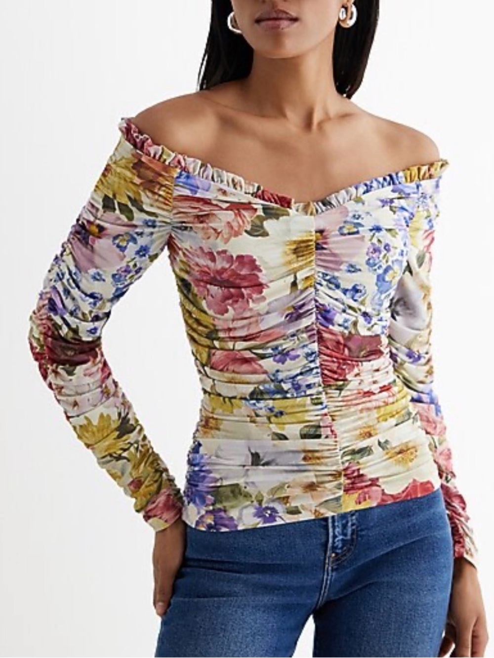 Express Off-Shoulder Floral Ruched Top - White with Pink, Yellow, Blue